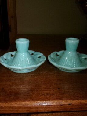 Fostoria Bestsy Ross Aqua blue milk glass pair of candleholders 1950s